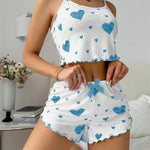Sexy Girl Pajama Sets Love Heart Print Cami Top+Shorts Leisure Stripe Pyjamas Women Home Clothes Summer Sleeveless Sleepwear RT220