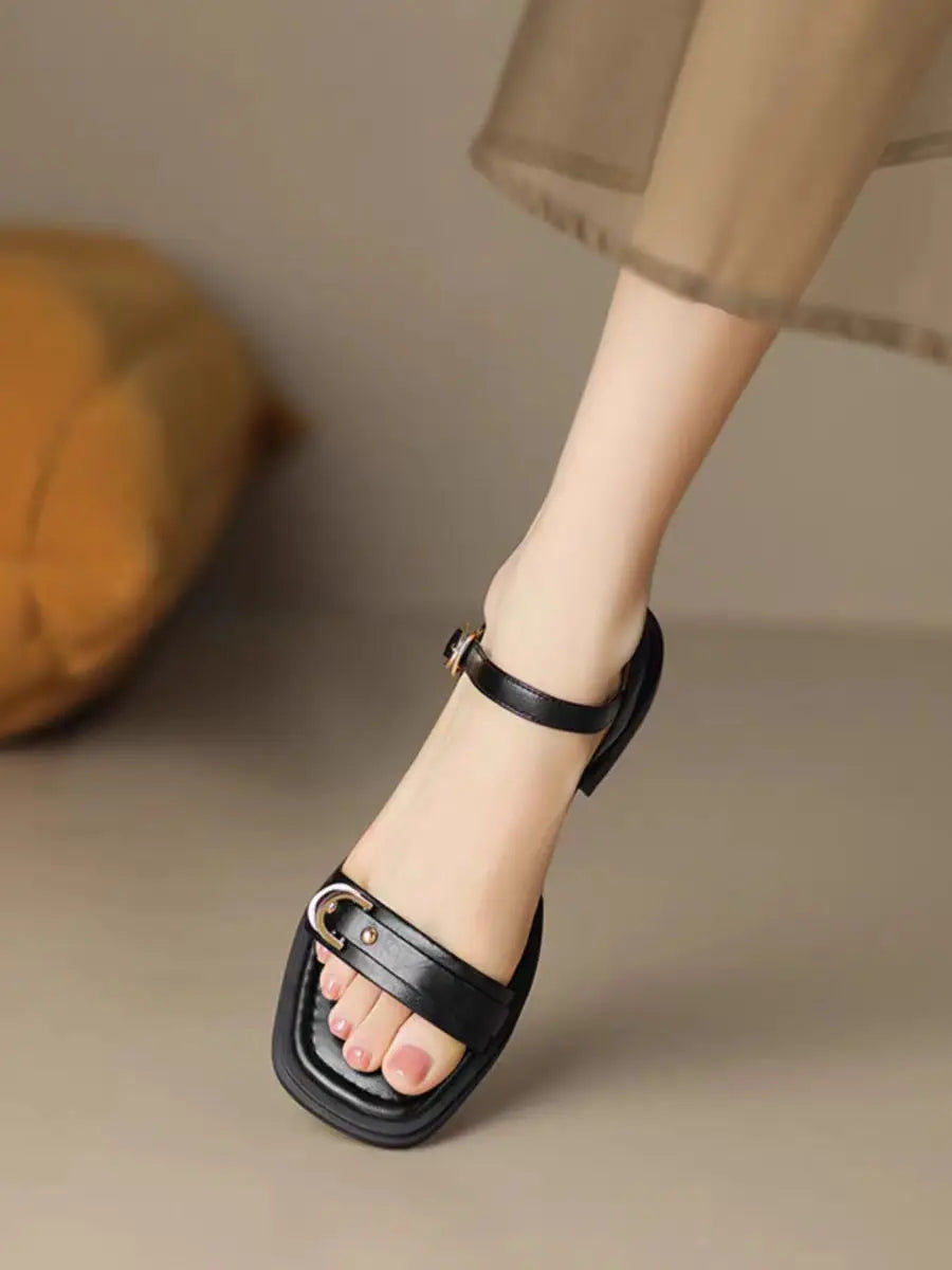 2025 Summer Women Sandals Low Heels Basic Genuine Leather Concise Office Plus Size 35-43 Ladies Casual Outdoor Shoes RT220