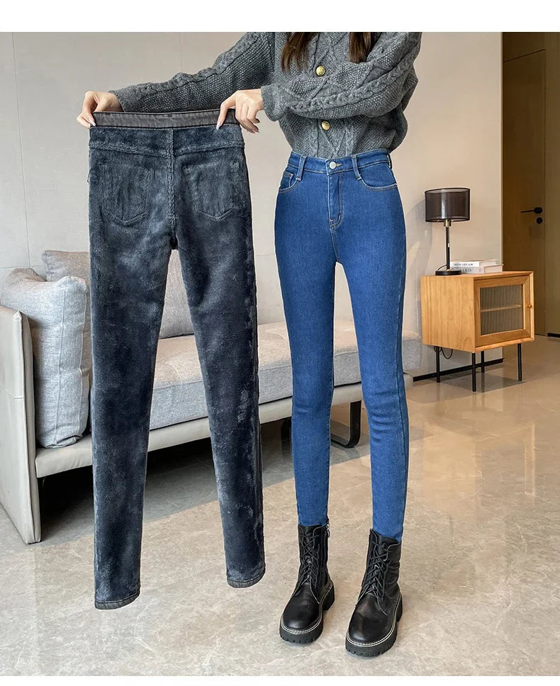 Skinny Women's Warm Jeans Winter Thicken Fleece Stretch High Waist Pencil Pants Fashion Korean Black Blue Gray Velvet Leggings RT220