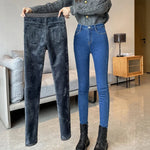 Skinny Women's Warm Jeans Winter Thicken Fleece Stretch High Waist Pencil Pants Fashion Korean Black Blue Gray Velvet Leggings RT220