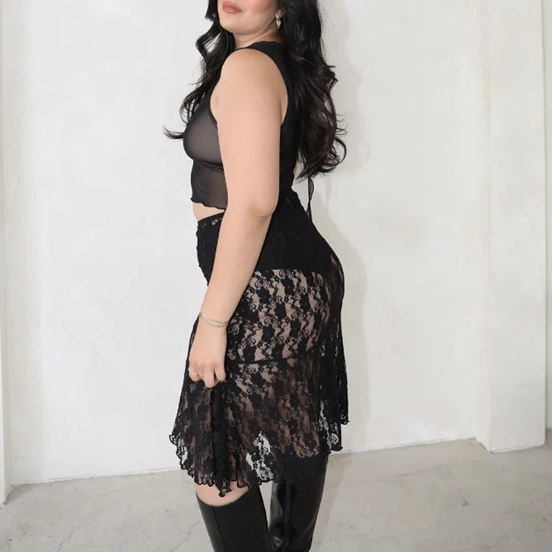 Xingqing 2024 Lace Skirt Women White See Through Floral Lace Low Waist Midi Skirts y2k Aesthetic Fairycore Beach Skirt Clubwear RT220