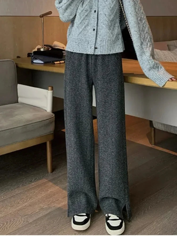 Women Pants Autumn Winter Thickening High Waisted Wool Wide Leg Pants Women Fashion Chevron Lengthening Leg Opening Floor Length RT220