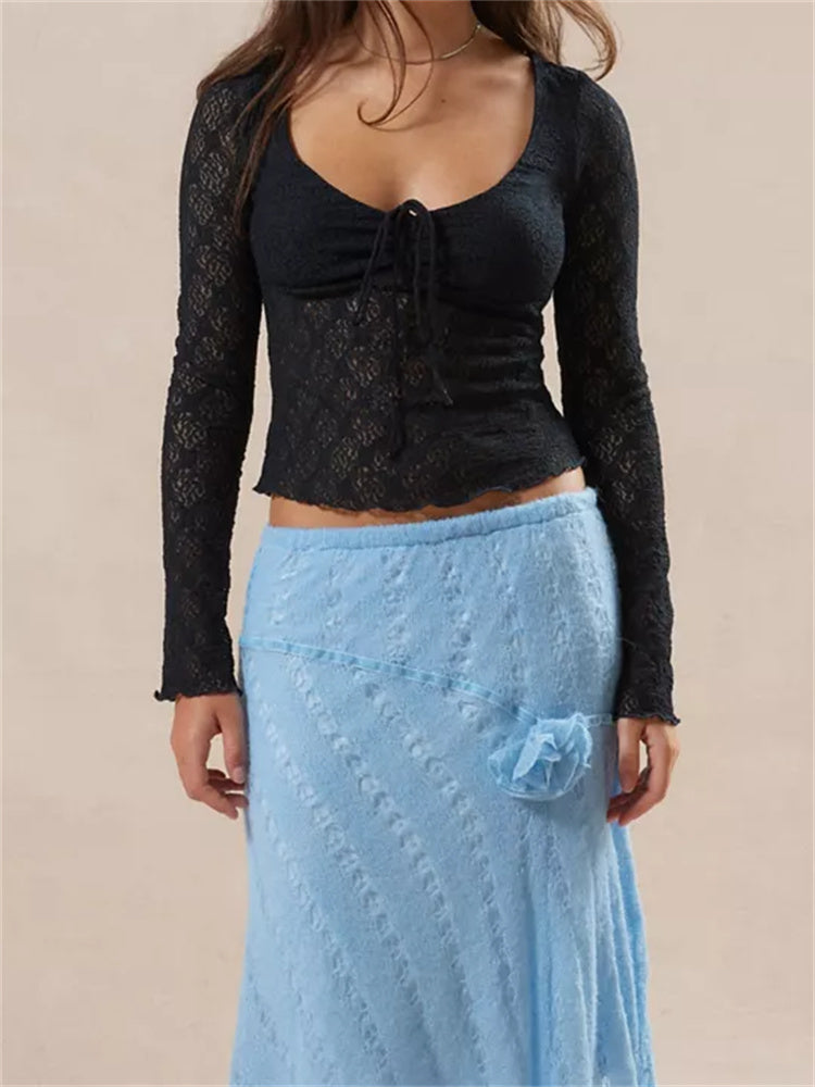 CHRONSTYLE Vintage Women Spring Fall Slim Fit Lace T-shirts Crop Tops Long Sleeve Low Cut Tie Up Tees Shirts Party Clubwear 2023 RT220