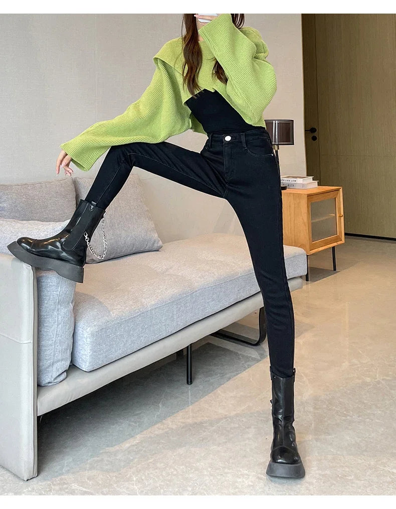 Skinny Women's Warm Jeans Winter Thicken Fleece Stretch High Waist Pencil Pants Fashion Korean Black Blue Gray Velvet Leggings RT220