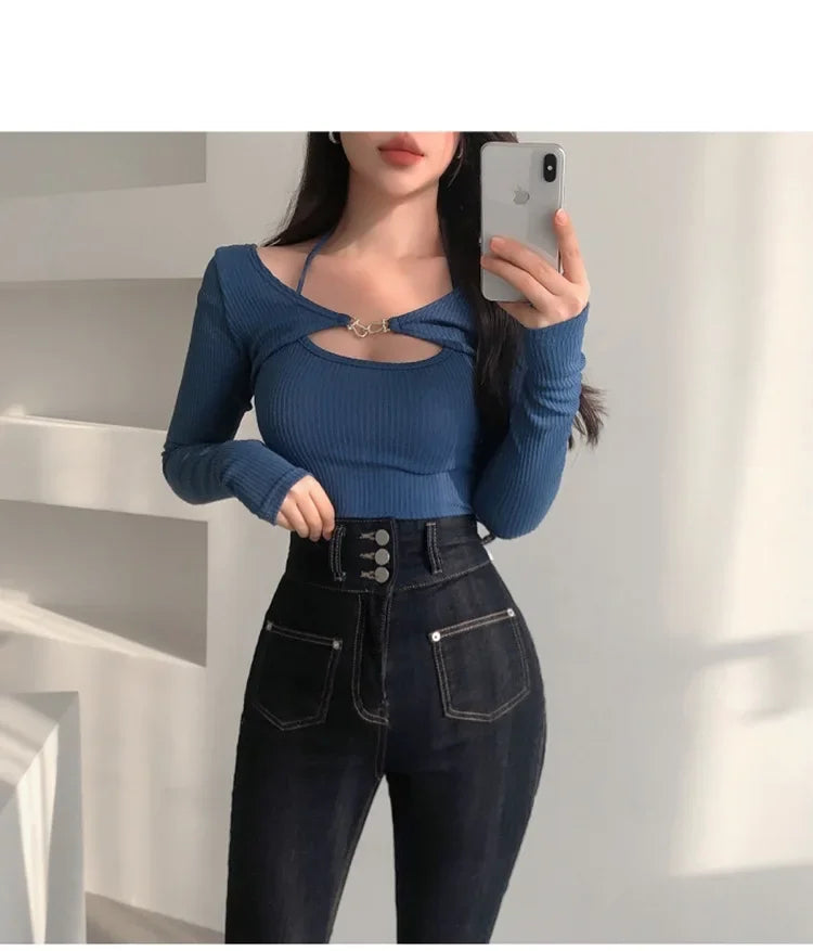 Sexy Tank Top Cropped Inner Strapless Long Sleeve Cover Up Outer Wear 2-piece Set Women's Summer Fashionable Suit RT220