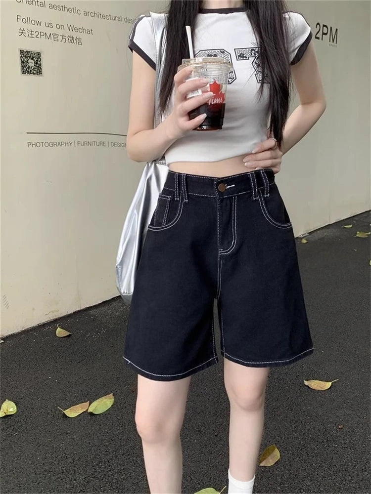 Women's Bright Line Decoration Black Denim Shorts Summer Young Girl Casual Bottom Female High Waisted Straight Knee Length Pants RT220