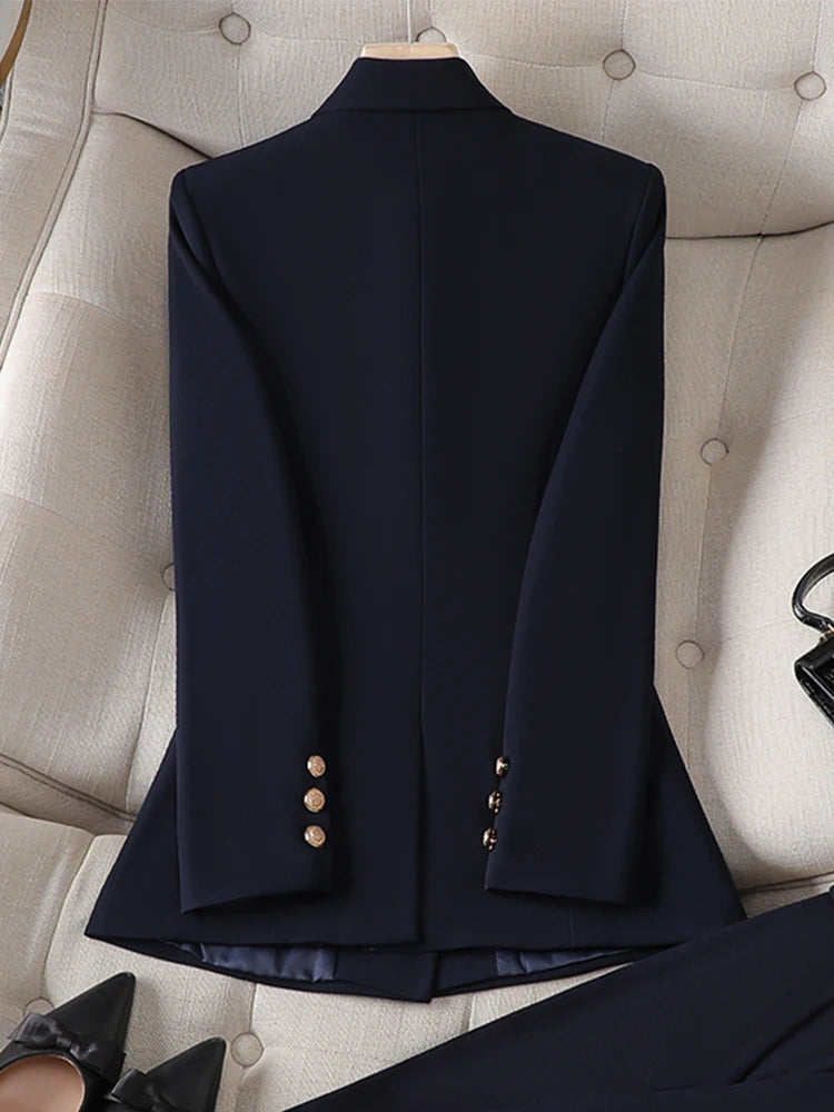 Gray Black Blue White Fashion Women Pant Suit Long Sleeve Solid Ladies Blazer and Trouser Formal 2 Piece Set For Autumn Winter RT220