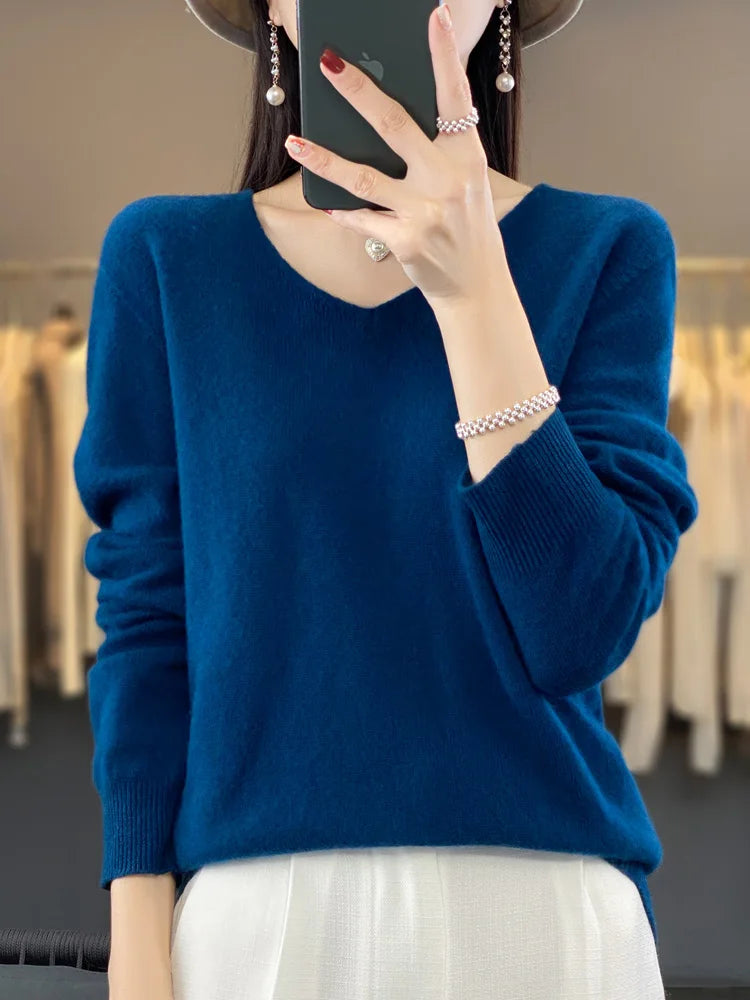 2024 New Womens Basic V-neck Pullover Sweater 100% Merino Wool Long Sleeve Cashmere Knitwear Autumn Winter Female Clothing Tops RT220