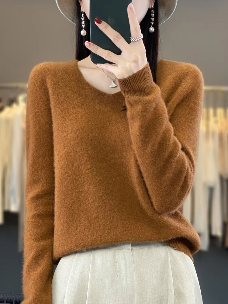2024 New Womens Basic V-neck Pullover Sweater 100% Merino Wool Long Sleeve Cashmere Knitwear Autumn Winter Female Clothing Tops RT220