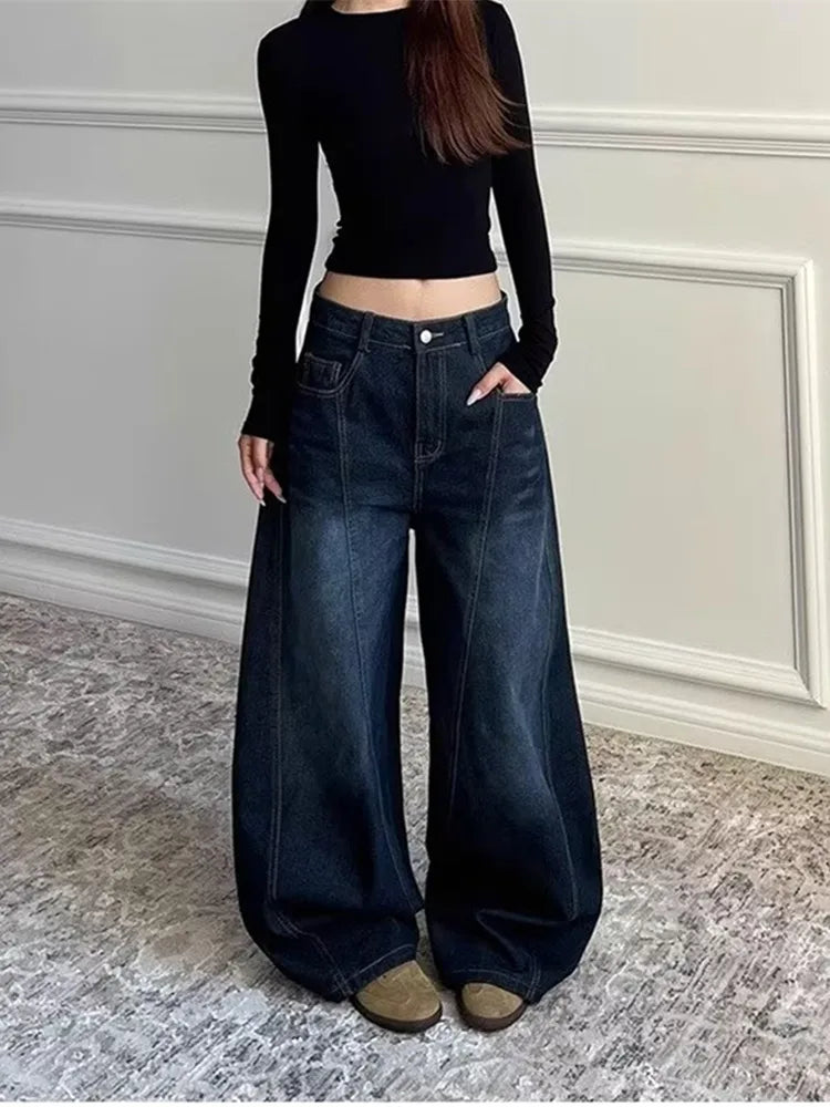 2025 Ropa Y2K Fashion Letter Embroidery Vintage Dark Blue Baggy Jeans Pants Women Clothing New Rock Wide Leg Lady Denim Trousers RT220