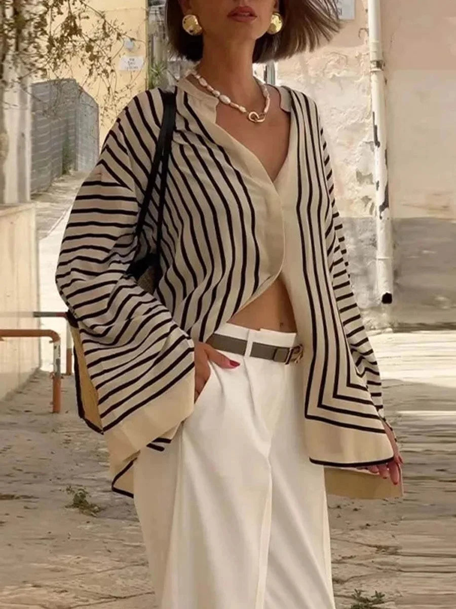 Elegant Striped Shirts Women Vintage Irregular White Blouses Ladies Fashion Long Sleeve Chic Buttons Loose Design Tops New Blusa RT220