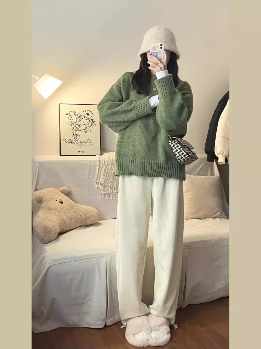 New O-Neck Loose Green Pullover Sweater For Women Autumn Winter Thick Retro Japanese Lazy Style Interior Bottom Knitted Top RT220