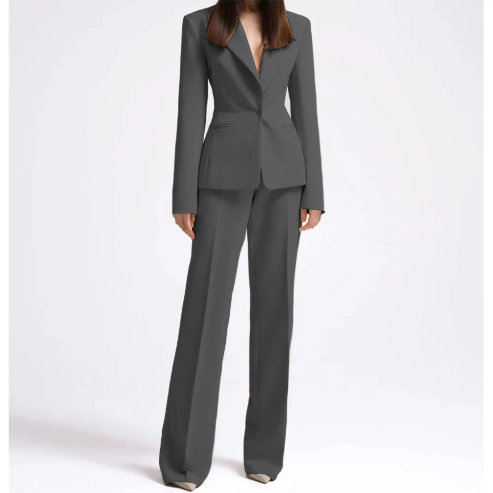 Office Lady Fashion Beige Women Suits One Button Peak Lapel 2 Piece Jacket Pants Slim Fit Smart Causal Conjuntos De Pantalones RT220