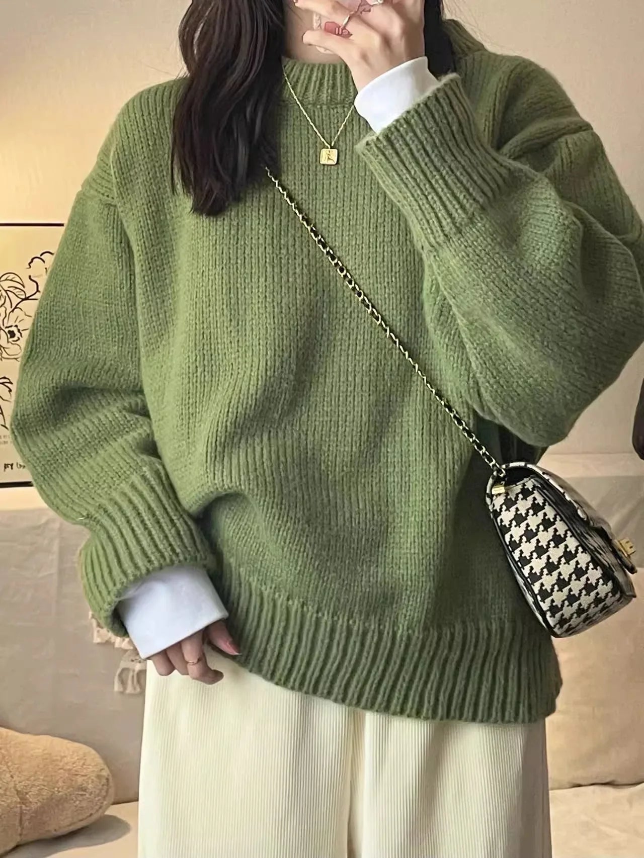 New O-Neck Loose Green Pullover Sweater For Women Autumn Winter Thick Retro Japanese Lazy Style Interior Bottom Knitted Top RT220