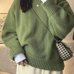 New O-Neck Loose Green Pullover Sweater For Women Autumn Winter Thick Retro Japanese Lazy Style Interior Bottom Knitted Top RT220