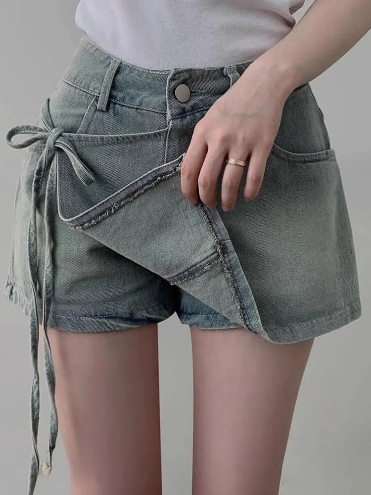 DFCF 2025 Spring Summe Jeans Streetwear Vintage Irregular Laced Up short Jeans Women Y2k Korean Fashion High Waist Straight Pant RT220