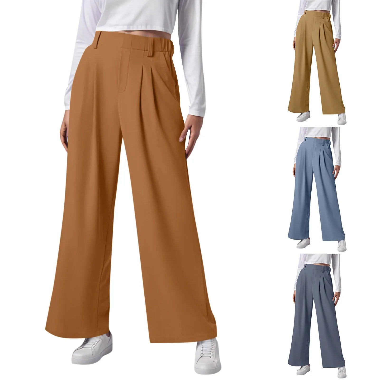 2024 New Pantalones De Mujer Women's Wide Leg Pants Elastic High Waisted Knit Casual Palazzo Pants Trousers With Pockets RT220