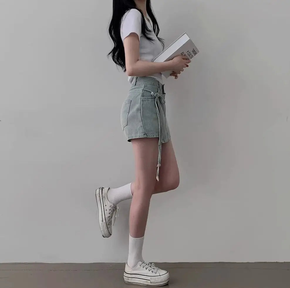 DFCF 2025 Spring Summe Jeans Streetwear Vintage Irregular Laced Up short Jeans Women Y2k Korean Fashion High Waist Straight Pant RT220