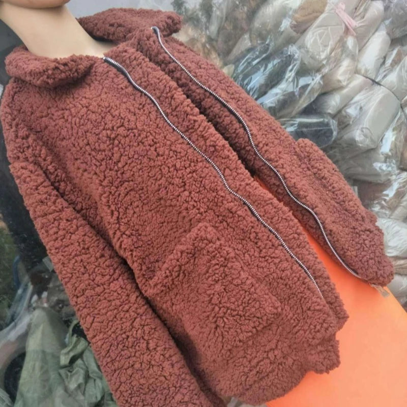 Autumn Winter Faux Fur Coat Women 2025 Khaki Casual Warm Soft Zipper Fur Jacket Plush Overcoat Pocket Teddy Coat Female Jacket RT220