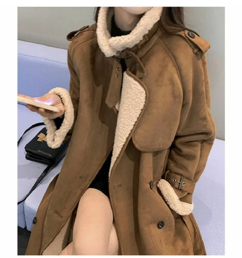 2024 Autumn Winter New Medium Long Double-breasted Lambswool Suede Woolen Coat Women Add Velvet Padded Warm Fur One Woolen Coats RT220
