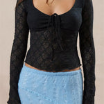 CHRONSTYLE Vintage Women Spring Fall Slim Fit Lace T-shirts Crop Tops Long Sleeve Low Cut Tie Up Tees Shirts Party Clubwear 2023 RT220