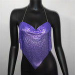 New Sexy Backless Metal Sequined Solid Camis Sleeveless Halter Hollow Out V Neck Adjustable Chain Women Nightclub Crop Tops RT220