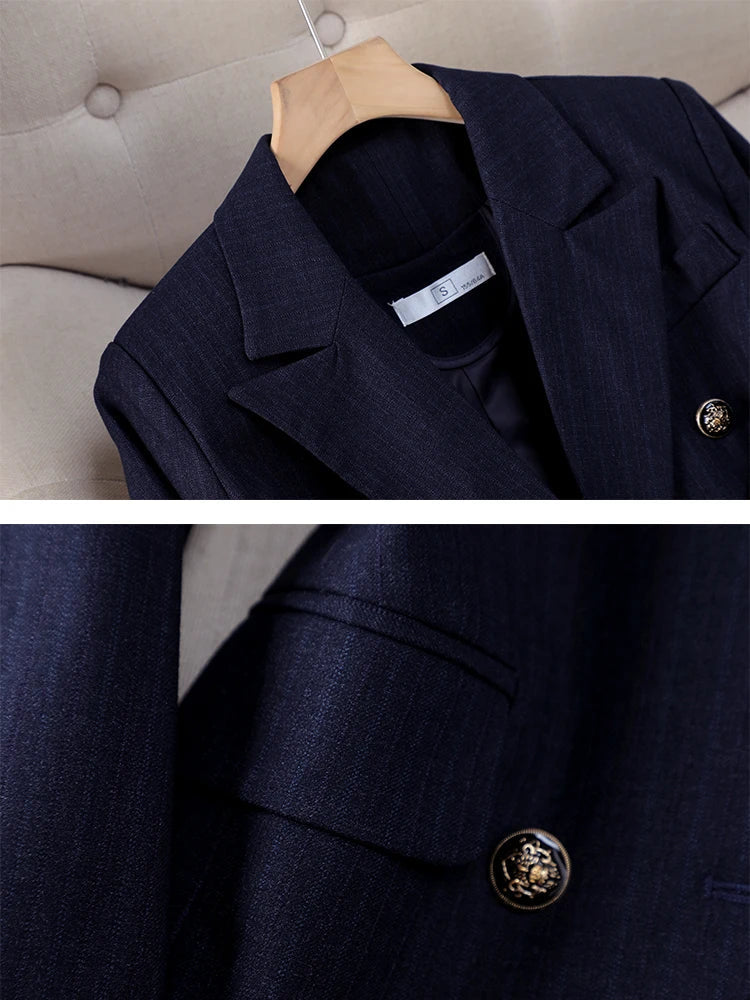 Women Pant Suit Office Ladies Female Business Work Wear 2 Piece Set Black Blue Striped Formal Blazer Jacket And Trouser RT220