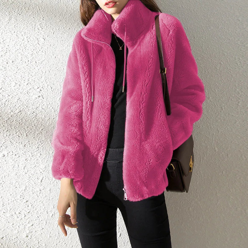 Women Autumn Winter Faux Fur Coats Zipper Cardigan Plush Thick Warm Coat Loose Oversized Outerwear Female Coral Fleece Overcoat RT220