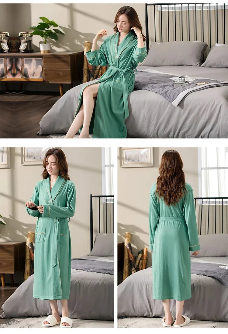 Spring Autumn Long Sleeve Cotton Casual Loose-fit Quick Dry Bathrobe For Women Medium-length Home Use Robe For Young Mothers RT220