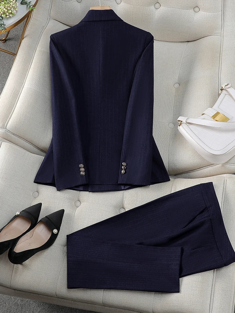 Women Pant Suit Office Ladies Female Business Work Wear 2 Piece Set Black Blue Striped Formal Blazer Jacket And Trouser RT220