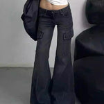 Streetwear Vintage Black Jeans Women American Y2K Slim High Waist Flare Denim Pants Female Casual Multiple Pockets Denim Trouser RT220