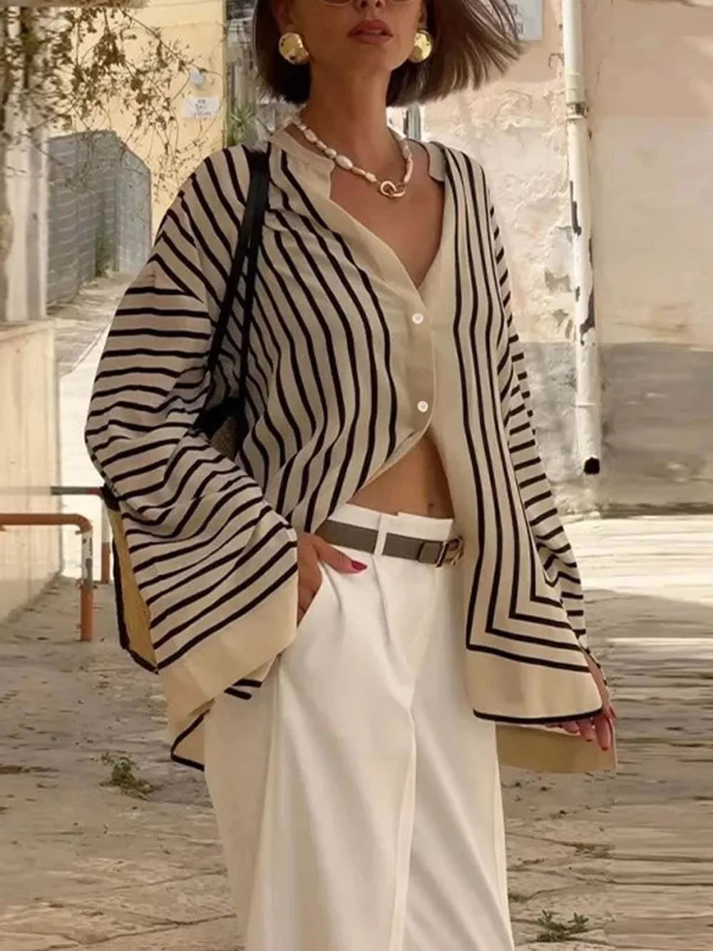 Elegant Striped Shirts Women Vintage Irregular White Blouses Ladies Fashion Long Sleeve Chic Buttons Loose Design Tops New Blusa RT220