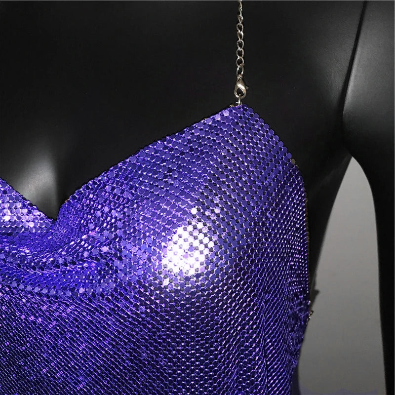 New Sexy Backless Metal Sequined Solid Camis Sleeveless Halter Hollow Out V Neck Adjustable Chain Women Nightclub Crop Tops RT220