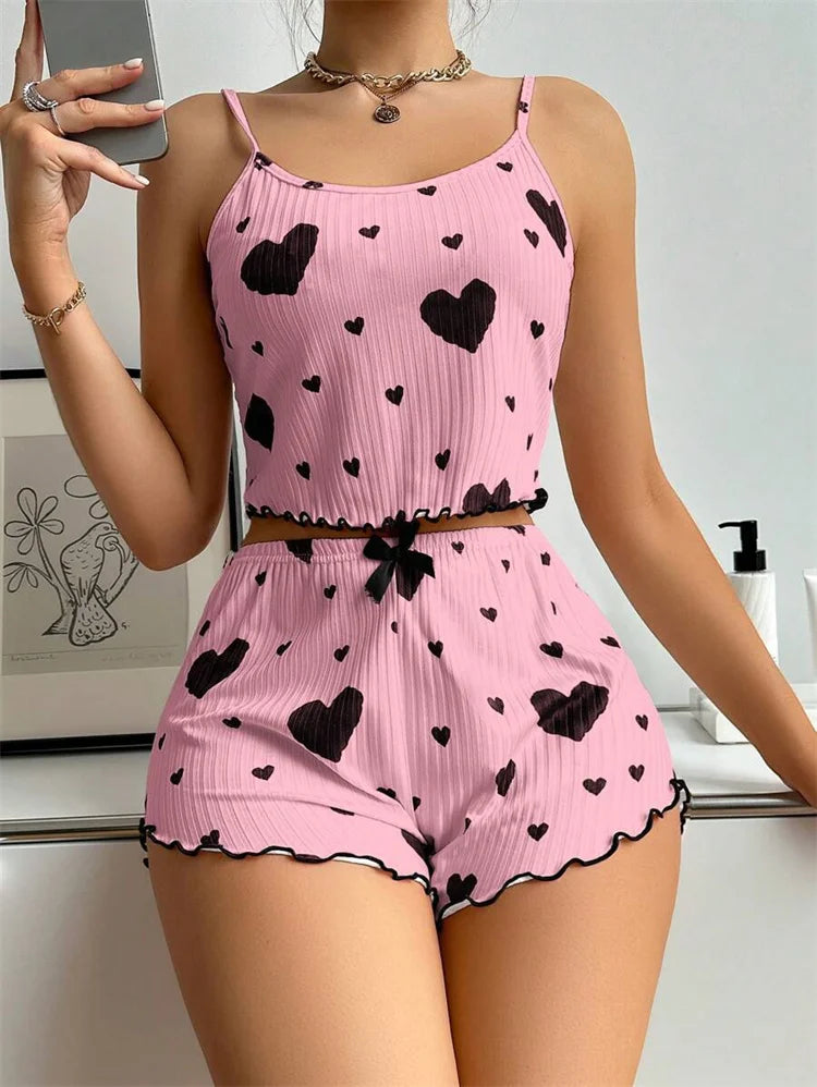 Sexy Girl Pajama Sets Love Heart Print Cami Top+Shorts Leisure Stripe Pyjamas Women Home Clothes Summer Sleeveless Sleepwear RT220