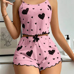 Sexy Girl Pajama Sets Love Heart Print Cami Top+Shorts Leisure Stripe Pyjamas Women Home Clothes Summer Sleeveless Sleepwear RT220