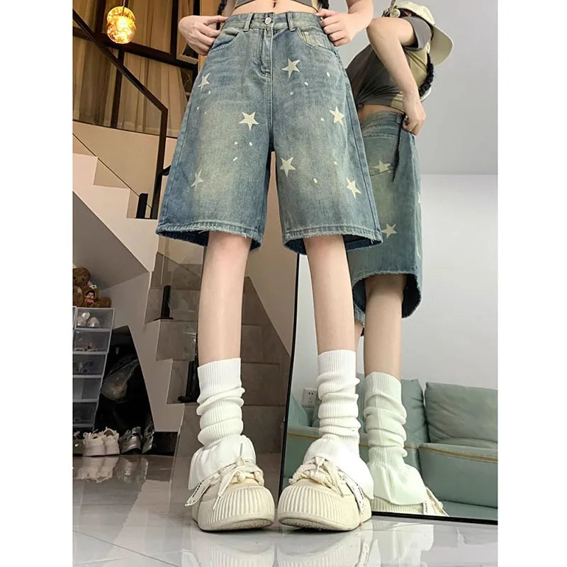 American Style Vintage Women's Short Jeans High Waisted Washed Wide Leg Denim Pants Woman Fashion Do Old Star Knee Length Shorts RT220