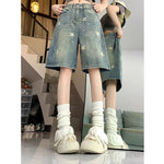 American Style Vintage Women's Short Jeans High Waisted Washed Wide Leg Denim Pants Woman Fashion Do Old Star Knee Length Shorts RT220