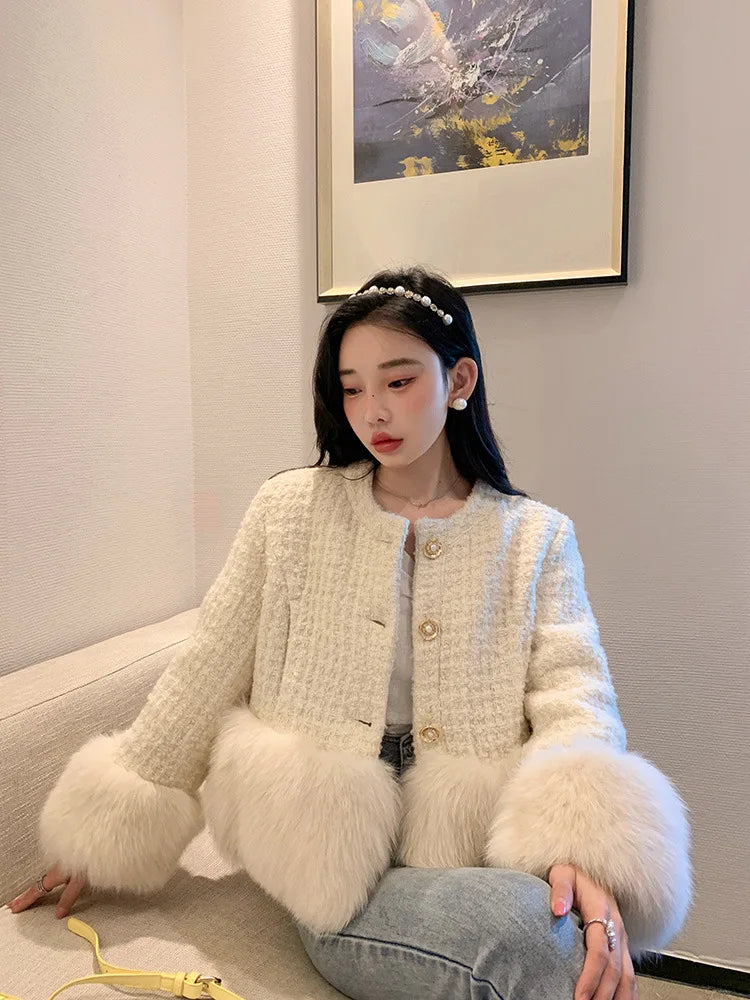 Autumn Winter Women's White Imitation Fox Fur Single Breasted Short Jacket New High-Quality Cotton/Non Cotton Wool Coats RT220