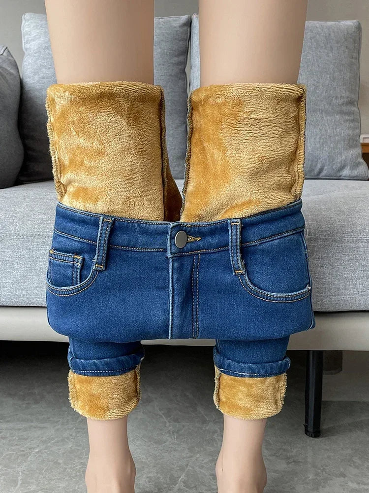 Skinny Women's Warm Jeans Winter Thicken Fleece Stretch High Waist Pencil Pants Fashion Korean Black Blue Gray Velvet Leggings RT220