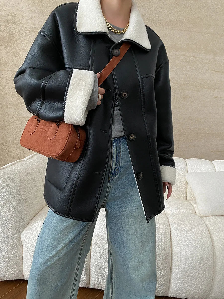 [LANMREM] Faux Fur Thick Warm Coats Lapel Single Breasted Office Lady Elegant Female Outwear Fashion 2025 Winter New 26C1095 RT220