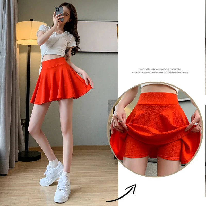 ITOOLIN Women Sweet Solid Color Preppy Skirts Casual Wide Leg High Waist Mini Skirts Women Harajuku Pleated A-line Skirts New RT220