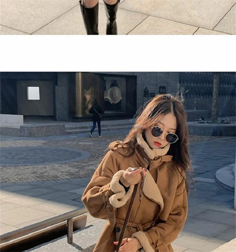 2024 Autumn Winter New Medium Long Double-breasted Lambswool Suede Woolen Coat Women Add Velvet Padded Warm Fur One Woolen Coats RT220