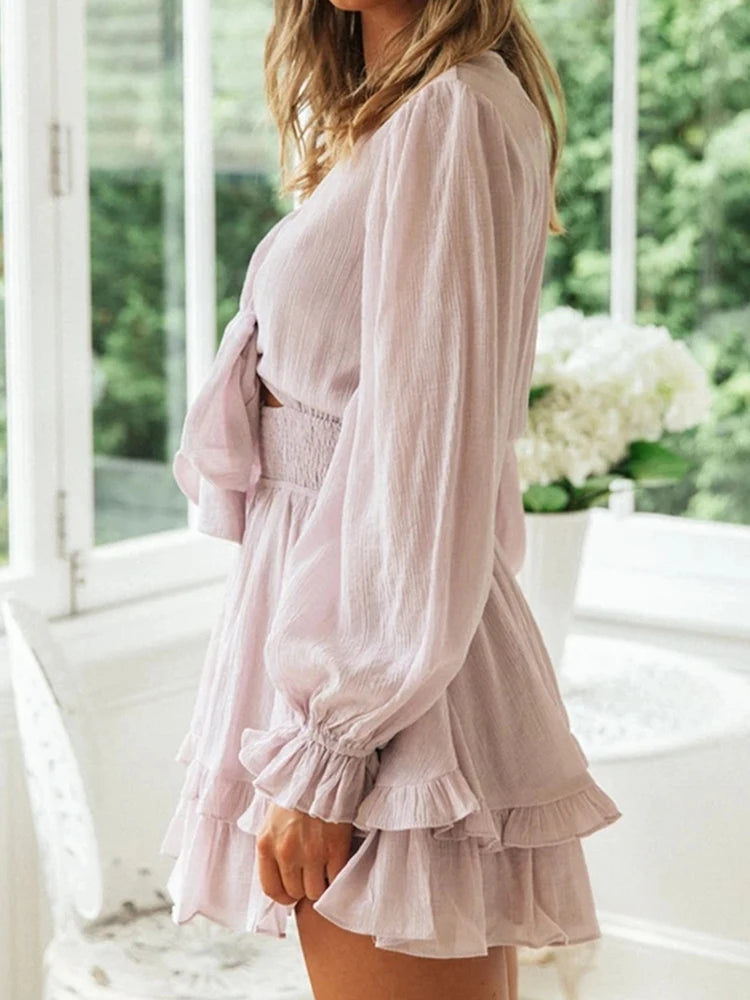 Sexy Cascading Ruffles Women Long Sleeve Mini Dress Deep V-Neck Lace-Up Casual Ladies Party Dress Sweet Streetwear Dropshipping RT220