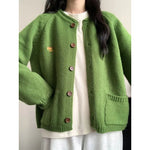 Autumn Winter Women Green Sweaters Coats O-Neck Pockets Embroid Button Fashion Sweet Lazy Wind Long Sleeve Cardigan Knit Tops RT220