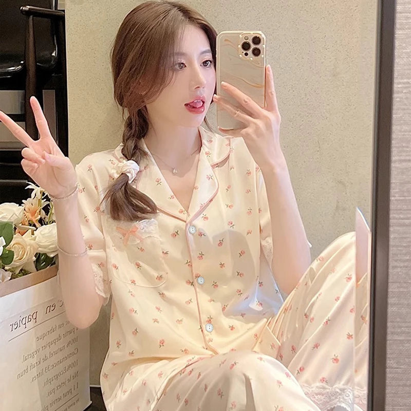 Honey Peach Print Lace Korean Ins Style Pajamas Women Y2k Three-piece Set Classy Sweet Cute Lady Lounge 2024 New Spring Homewear RT220