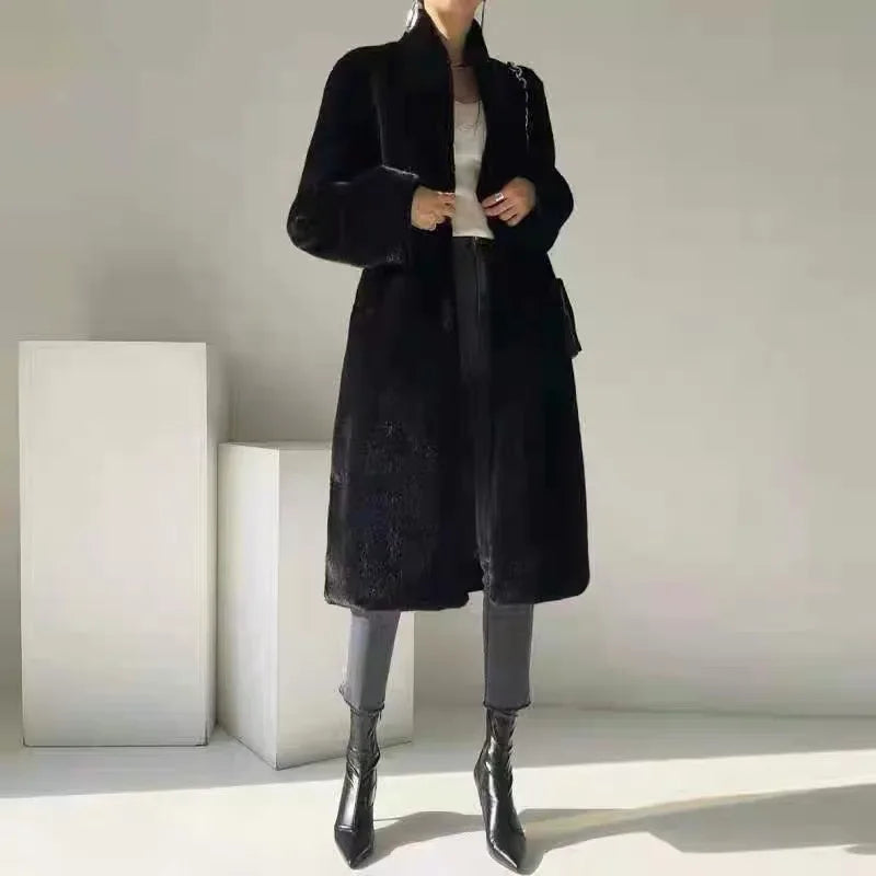 Faux Fur Coats Women Stand Collar Mid Length Long Coat Thick Maxi Warm Y2k Tops Open Stitch Elegant Autumn Winter Black Jackets RT220