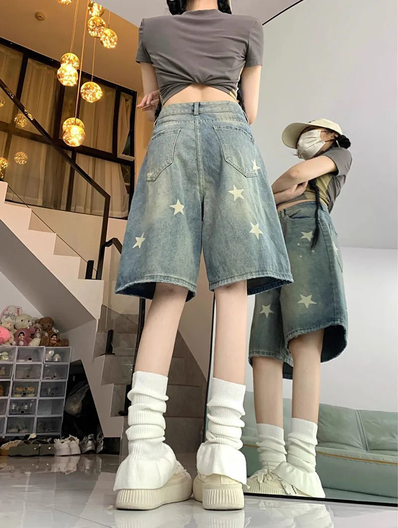 American Style Vintage Women's Short Jeans High Waisted Washed Wide Leg Denim Pants Woman Fashion Do Old Star Knee Length Shorts RT220