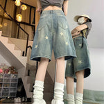 American Style Vintage Women's Short Jeans High Waisted Washed Wide Leg Denim Pants Woman Fashion Do Old Star Knee Length Shorts RT220