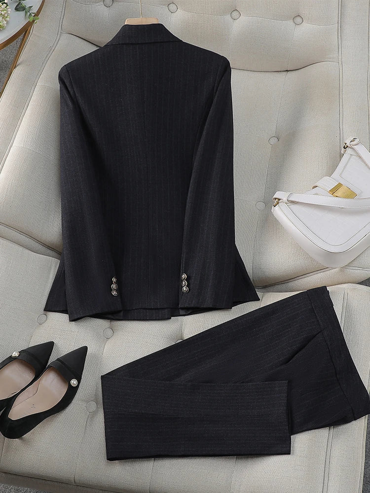 Women Pant Suit Office Ladies Female Business Work Wear 2 Piece Set Black Blue Striped Formal Blazer Jacket And Trouser RT220