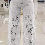 Women's Spring Summer Fashion Hollow Out Lace Splicing Denim Drape Pants Full Length Trousers RT220